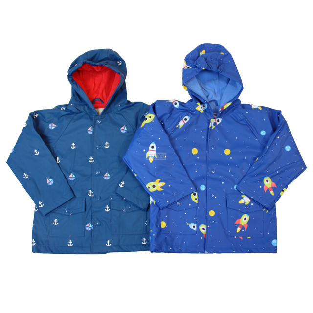 Kids PU Rain Coats Outdoor Waterproof Rain Jacket with Hood Rocket Print Raincoat Sailboat Print Plus Cotton Jacket