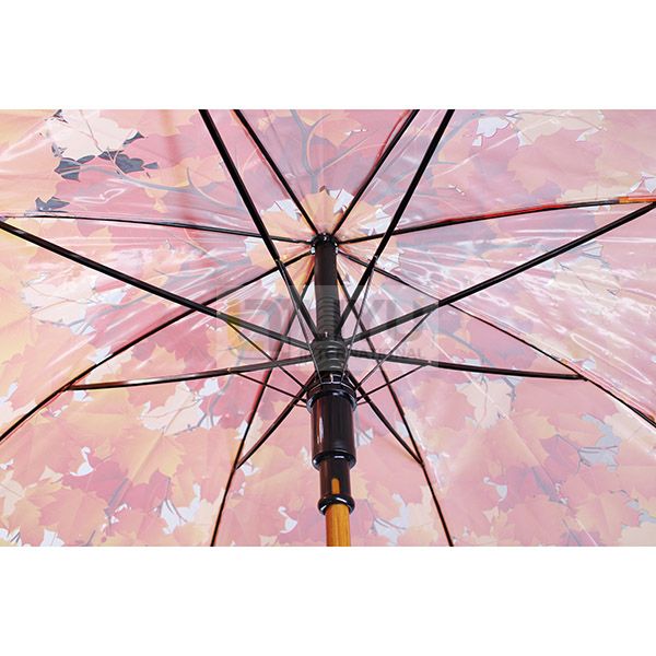 Adult Automatic Opening POE Umbrellas Transparent Fabric Printed Maple Leaf with Wooden Hook Handle Yellow Leaves