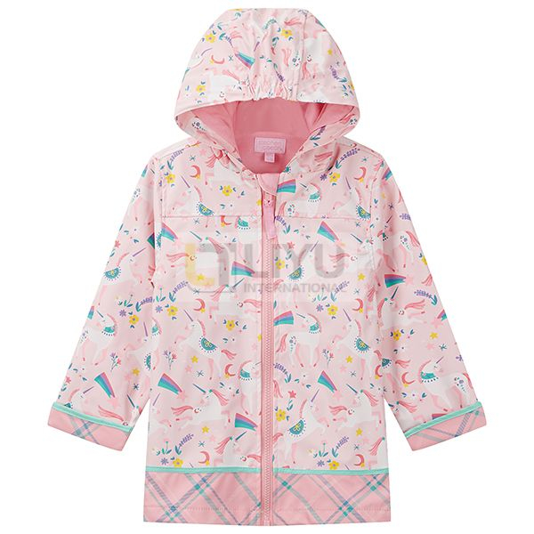Girls Colorful Unicorns Printed Waterproof Jacket Kids Fleece Lined Rain Coat PU Windbreaker with Hood