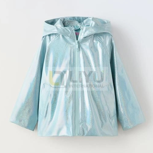 Children's PU Rain Jacket Outdoor Waterproof Rain Jacket with Hood Blue Rain Coats with Glitter