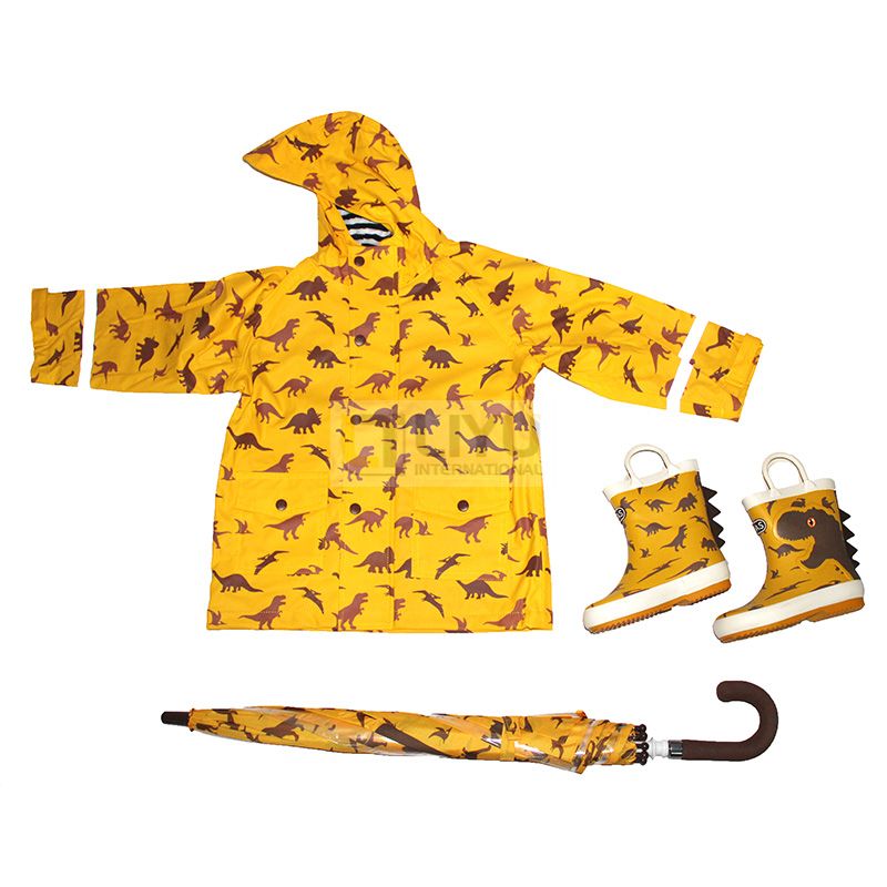 Kids Dinosaur PU Rain Jacket Matching with Rubber Rain Boots And Umbrellas Kit Rainsuit