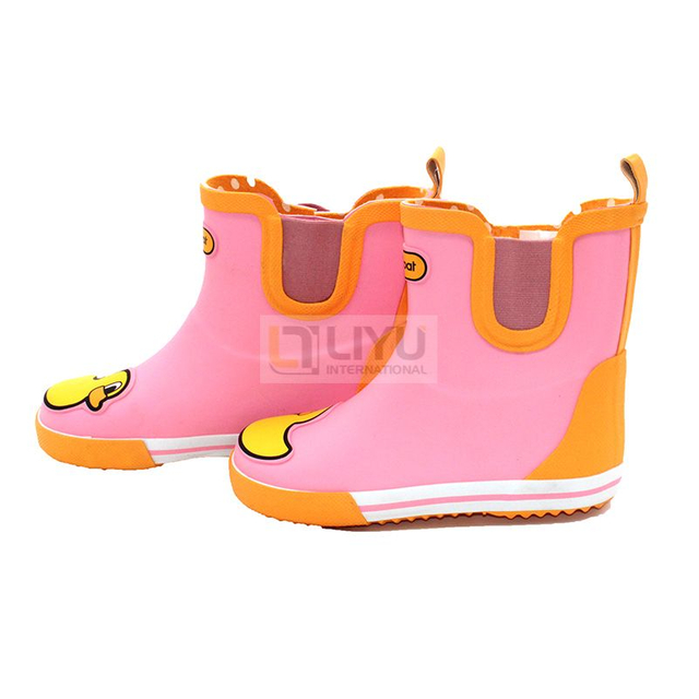 Pink Yellow Duck Kids Rubber Boots with Elastic Strips Ankle Wellington Boot