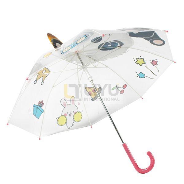 Transparent POE Kids Umbrellas Printed 3D Panda Toddler Umbrellas with Grip Handle