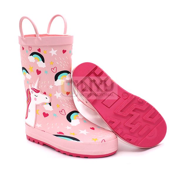 Kids' Printed Rainbow Unicorn Rubber Wellies with Handles Waterproof Rain Boots