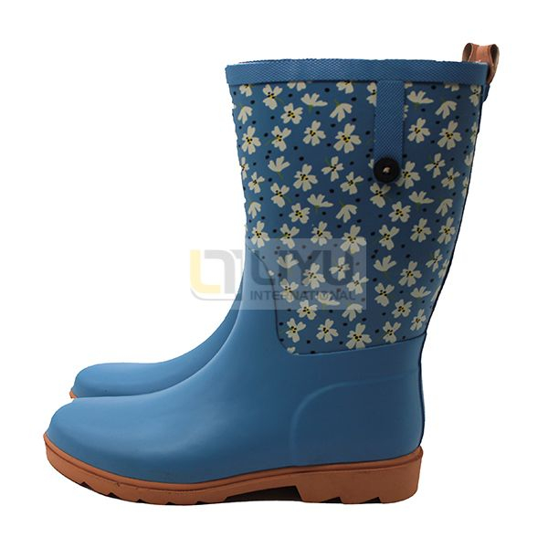 Women's Blue Printed Gumboots Mid-calf Wellington Wellies Waterproof Rubber Rain Boots