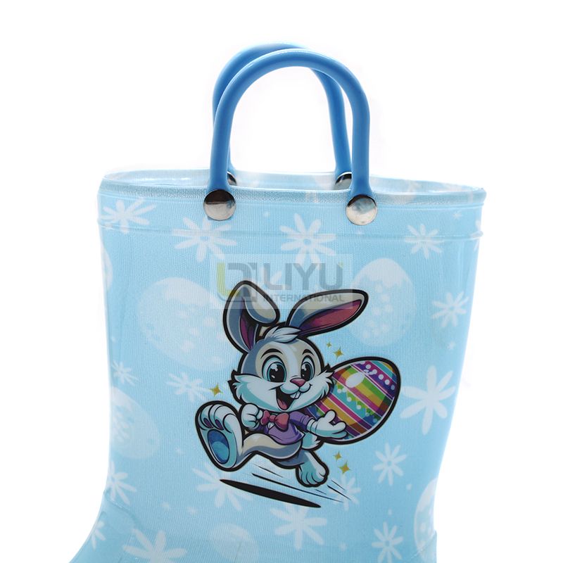 Cute Bunny Style PVC Rain Boots with LED for Kids Wellington Sky Blue Rain Boots with Handles