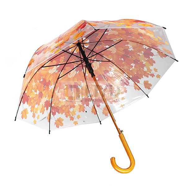 Adult Automatic Opening POE Umbrellas Transparent Fabric Printed Maple Leaf with Wooden Hook Handle Yellow Leaves