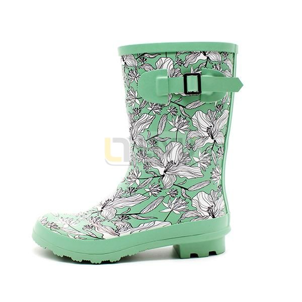 Women's Green Printed Mid-calf Waterproof Boot Wellington Rubber Rain Boots Waterproof Fashion Gumboots