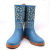 Women's Blue Printed Gumboots Mid-calf Wellington Wellies Waterproof Rubber Rain Boots