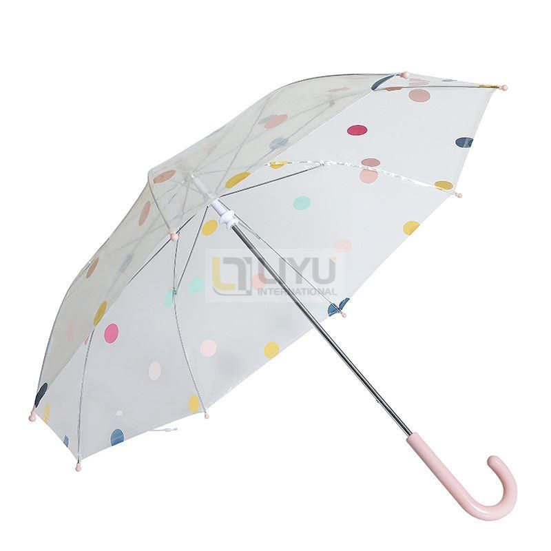 POE Straight 8K Hook Handle Kids OEM Transparent Stick Umbrella Clear with Dots