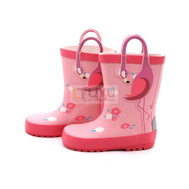 Pink Flamingo Children's Rubber Boots with Handle Fashion Printed Waterproof Shoes