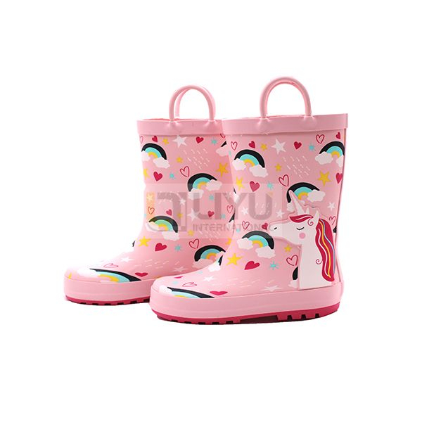Kids' Printed Rainbow Unicorn Rubber Wellies with Handles Waterproof Rain Boots