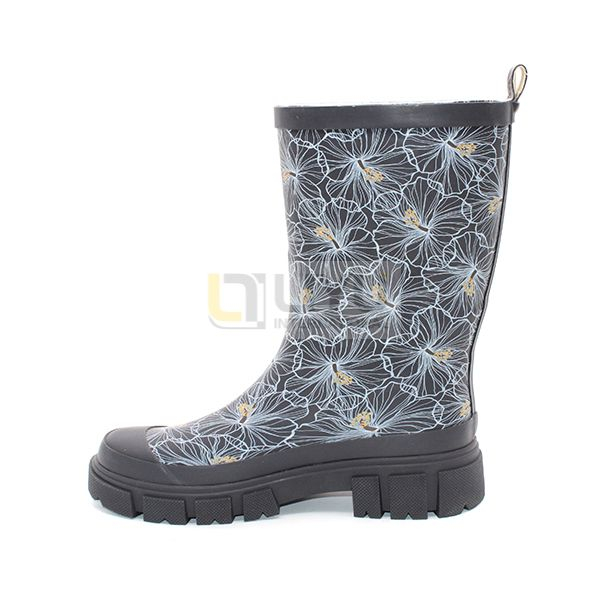 Women's Black Printed Gumboots Mid-calf Wellington Wellies Waterproof Rubber Rain Boots
