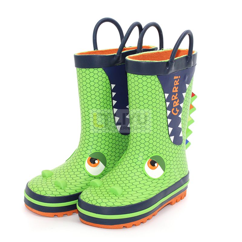 3D Alligator Kids' Rubber Rain Boots Green Kids' Waterproof Shoelace Handles