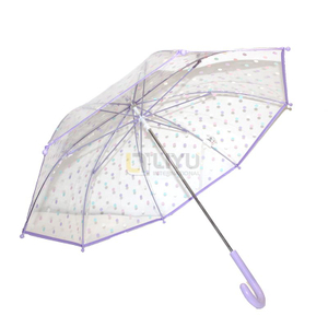 Kids Manual Open Stick Umbrella Transparent POE Umbrella Colorful Polka Dot Umbrella with Purple J Handle