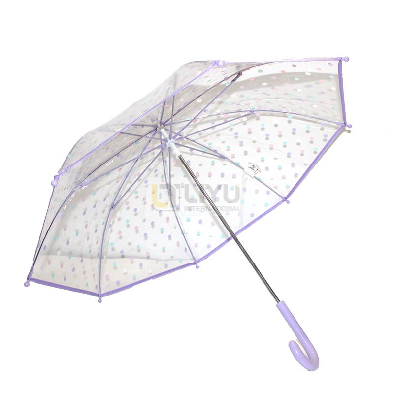 Kids Manual Open Stick Umbrella Transparent POE Umbrella Colorful Polka Dot Umbrella with Purple J Handle