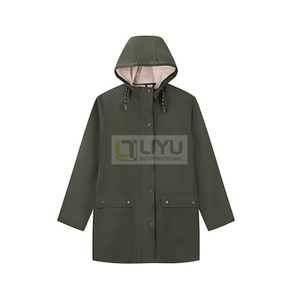 Adult Army Green PU Raincoat Unisex Windproof Jacket with Hood And Zipper