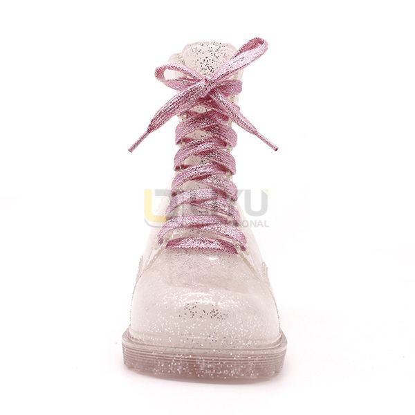 Kids PVC Waterproof Rainboots Silver Glitter Combat Boots Pink Glitter Elastic Laces And Silver Glitter Lug Outsole