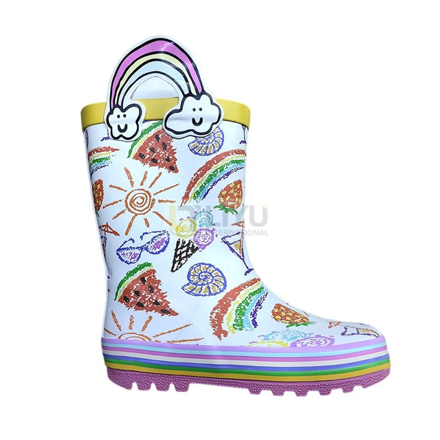 Girls' Rubber Rain Boots with Unicorn & Rainbow Pattern and Carry Handle 