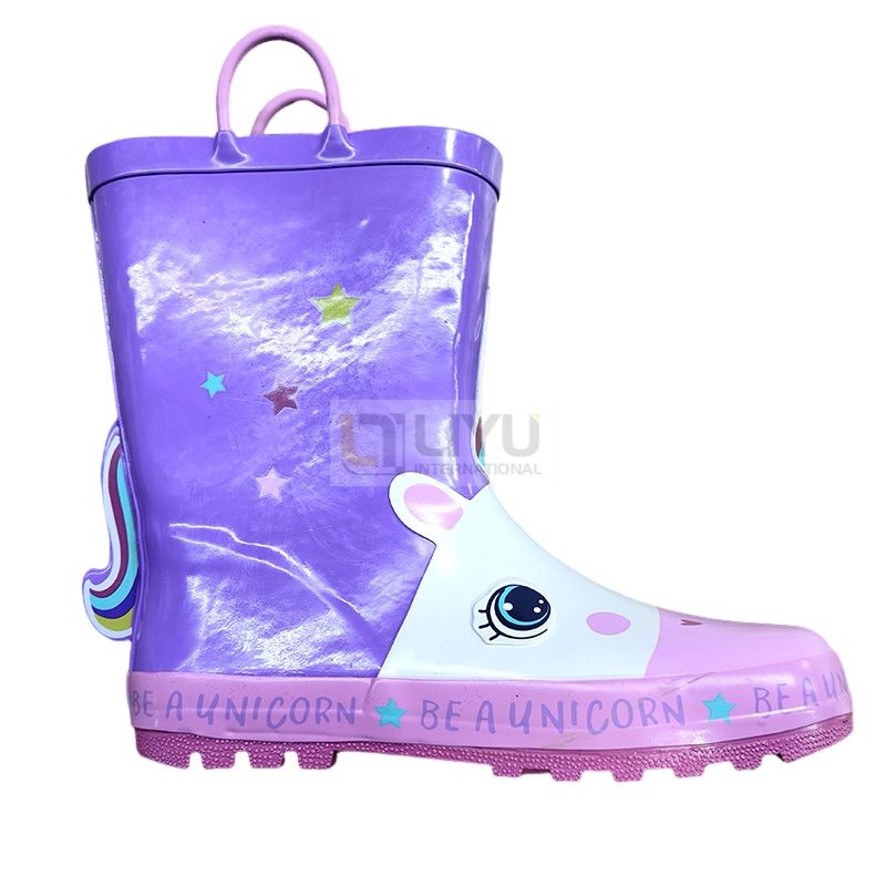 Girls' Rubber Rain Boots with Unicorn & Rainbow Pattern and Carry Handle 