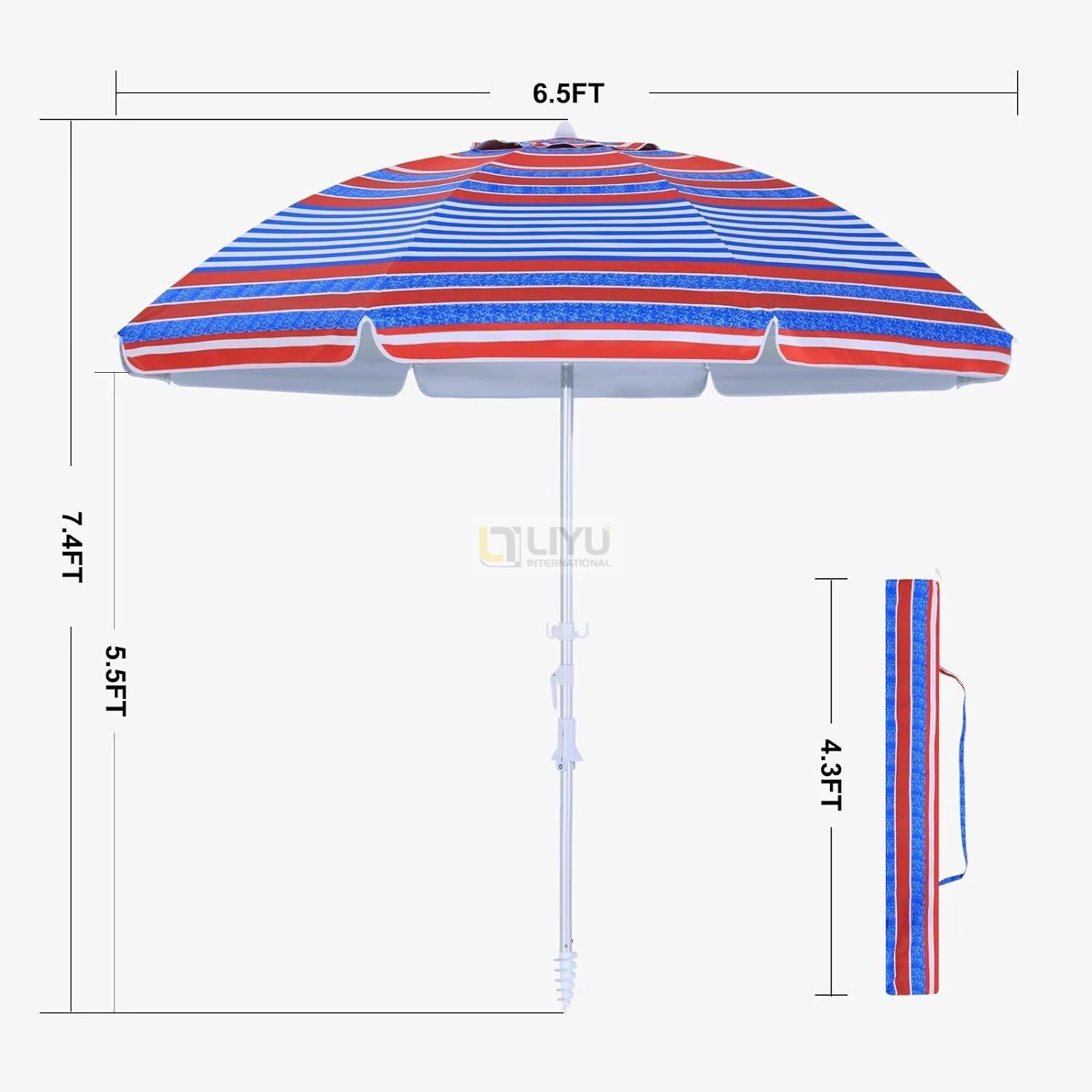 Outdoor Windproof Umbrella with Sand Anchor, Bags & Tilt, Portable UV Protection Sunshade Umbrellas with Carry Bag for Beach Pool Patio Garden, Red Stripes