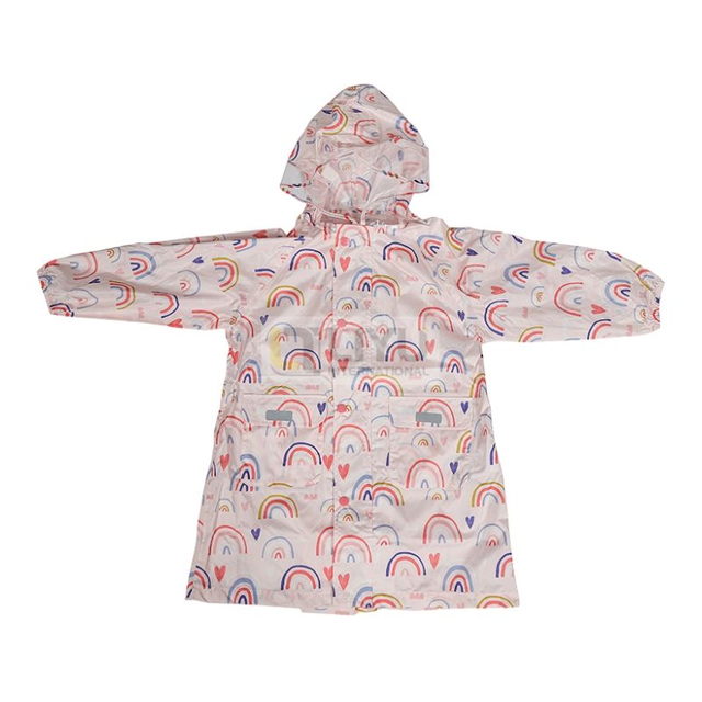 Polyester Jacket Light Pink Children's Waterproof Rain Poncho Rainbow Pattern Print with Hood Polyester Rainwear Girls Rain Coat