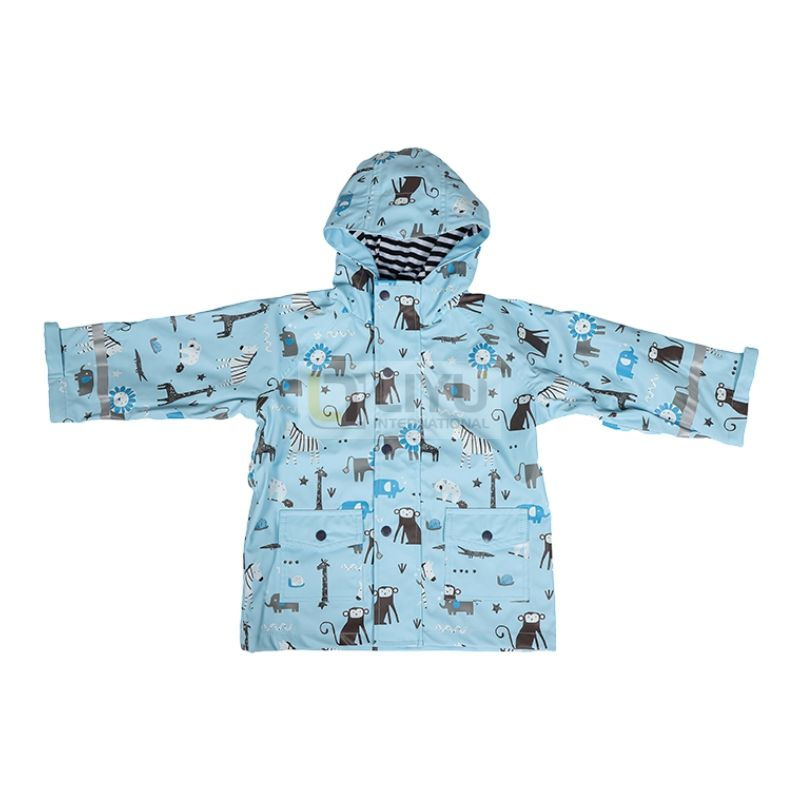 Blue Kids Raincoat PU Raincoat Outdoor Waterproof Rain Jacket Cartoon Animal Print Rainwear