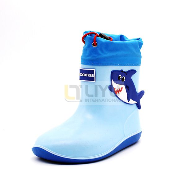 Children's Rain Shoes Waterproof 3D Boys Girls Baby Rain Boots Bunched Mouth Cartoon Shoes Durable Collar with Drawstring