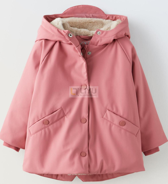 Girls Pink PU Rain Coats Thickened And Fleece Outdoor Waterproof Rain Jacket with Reflective And Zipper And Button Design