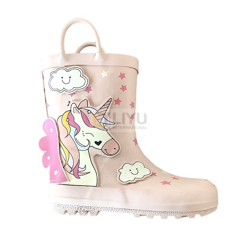 Girls' Rubber Rain Boots with Unicorn & Rainbow Pattern and Carry Handle 