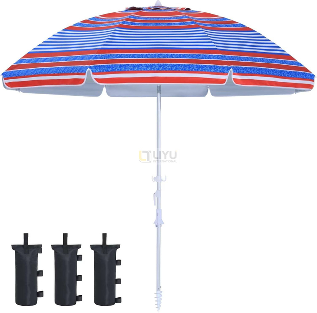 Outdoor Windproof Umbrella with Sand Anchor, Bags & Tilt, Portable UV Protection Sunshade Umbrellas with Carry Bag for Beach Pool Patio Garden, Red Stripes