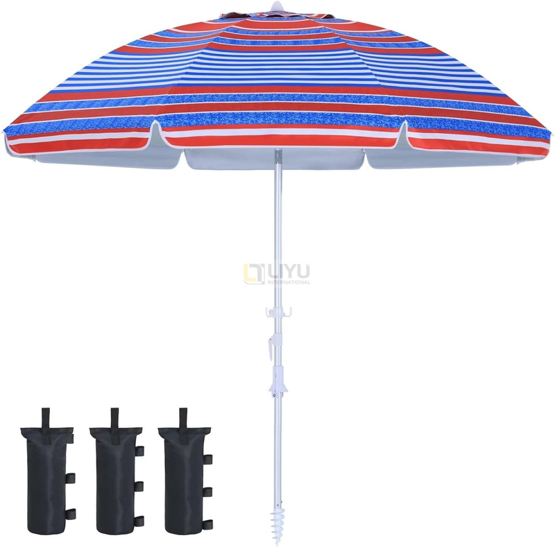 Outdoor Windproof Umbrella with Sand Anchor, Bags & Tilt, Portable UV Protection Sunshade Umbrellas with Carry Bag for Beach Pool Patio Garden, Red Stripes