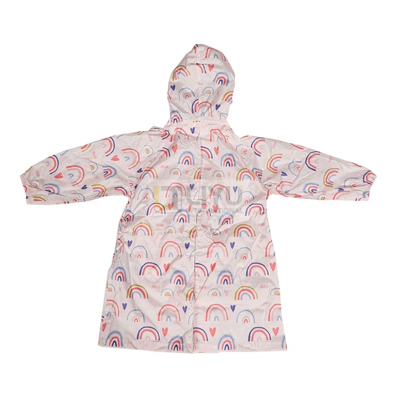 Polyester Jacket Light Pink Children's Waterproof Rain Poncho Rainbow Pattern Print with Hood Polyester Rainwear Girls Rain Coat