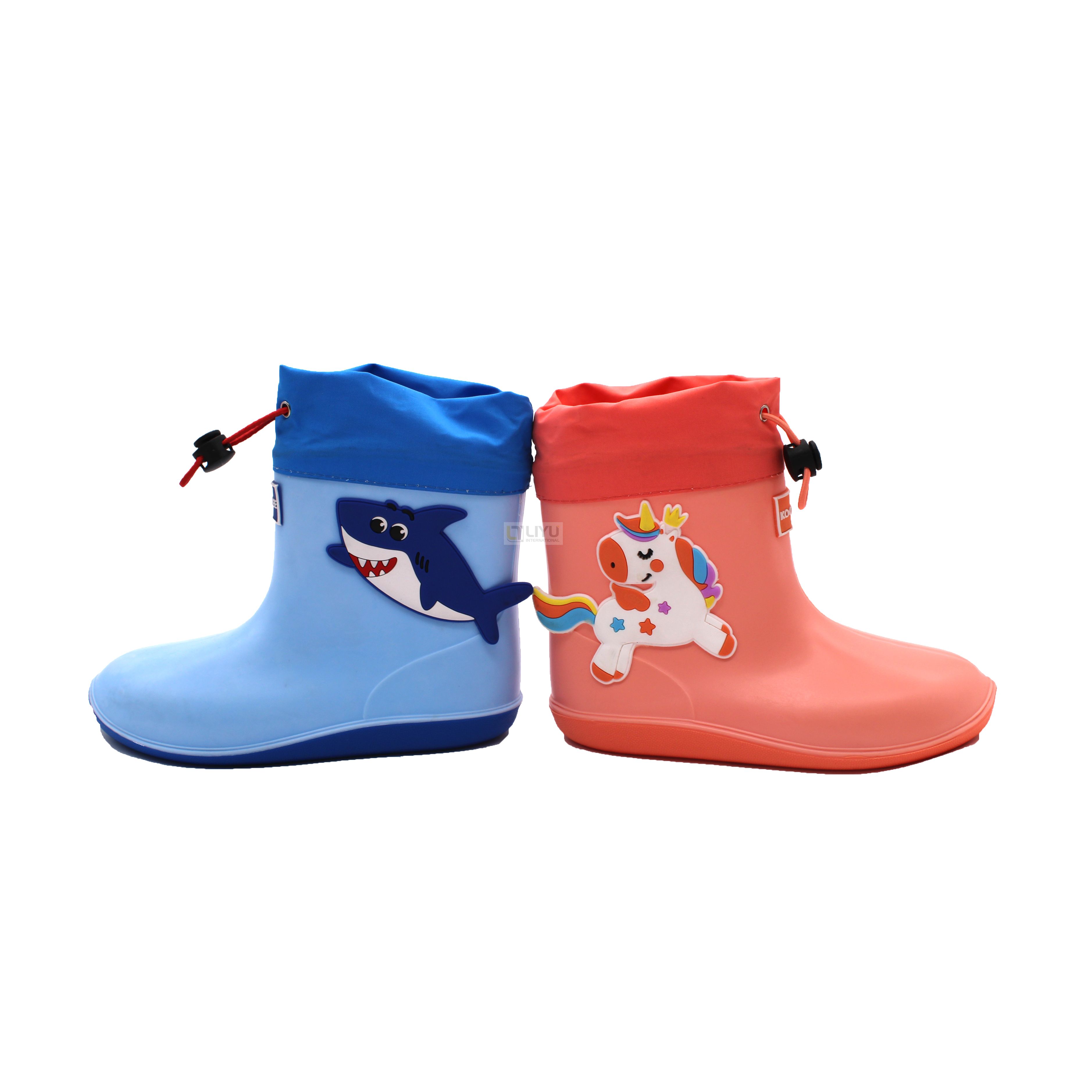 Children's Rain Shoes Waterproof 3D Boys Girls Baby Rain Boots Bunched Mouth Cartoon Shoes Durable Collar with Drawstring