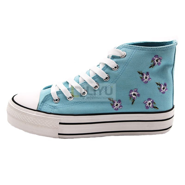 Blue Ground with Floral Adult Sneakers Canvas Vulcanized Shoes High Top Upper Trainers