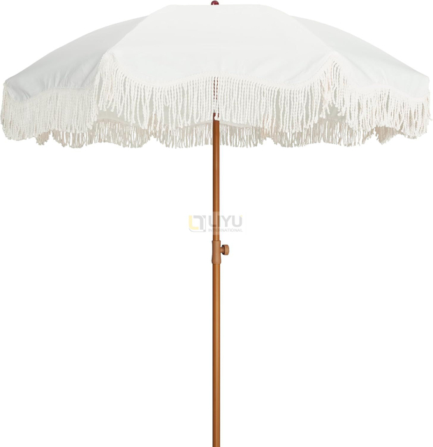 Outdoor Umbrella with Tassels, Fringe Umbrella Outdoor Beach Beach Umbrella, UPF50+ Picnic Umbrella Outdoor Patio with Steel Pole and Push Button Tilt, Antique White