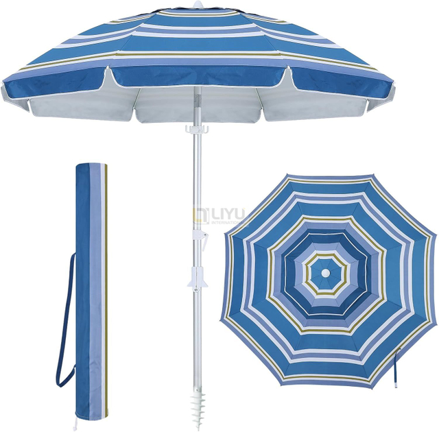 Beach Umbrella UV 50+ Protection Outdoor Sunshade Umbrella with Sand Anchor, Tilt, Hanging Hook, Carry Bag, for Sand Outdoor Beach Trip