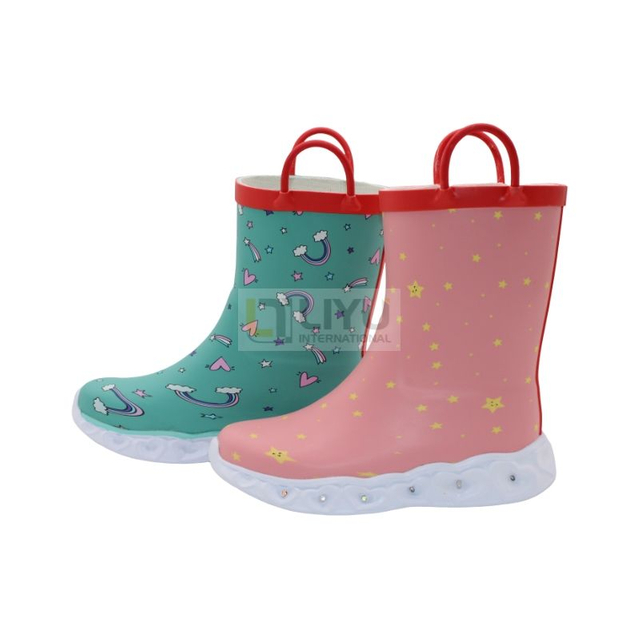 Children's Rubber Waterproof Shoes Pink,Green Rain Boots Rubber Upper EVA Sole Fashion Outdoor Rain Boots with Lights