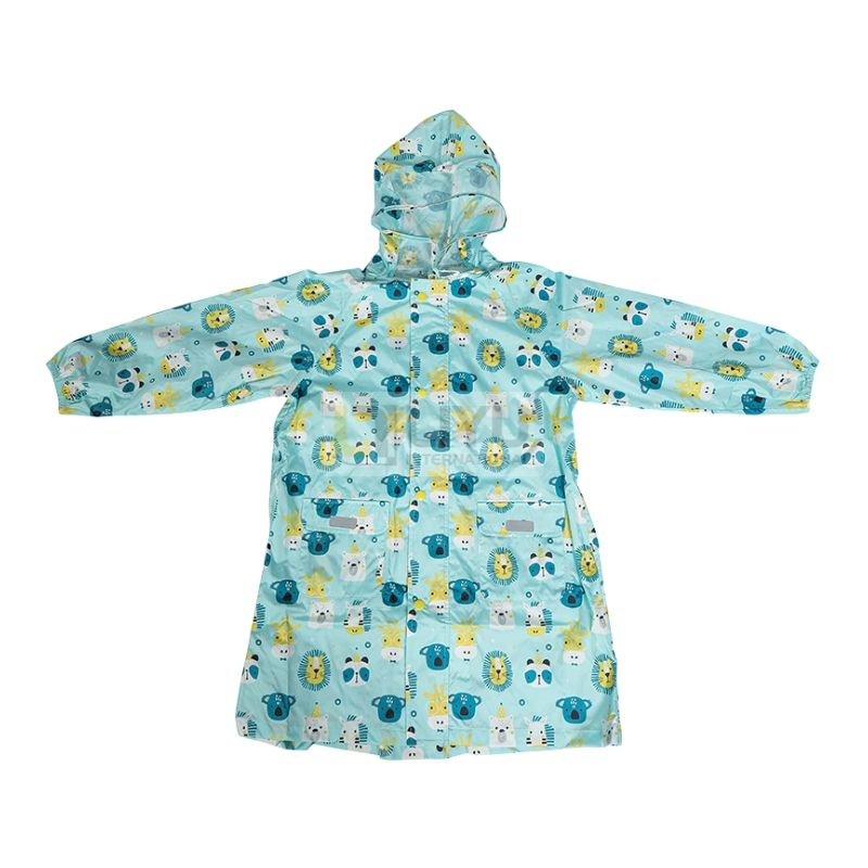 Cyan Children's Waterproof Rain Poncho Cartoon Animal Printed Waterproof Jacket with Hood Polyester Raincoat