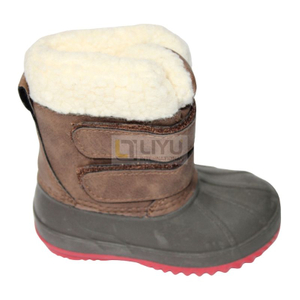 Children's Brown Leather Snow Boots with Velcro Winter Boots Boys Girls Toddler Warm Shoes