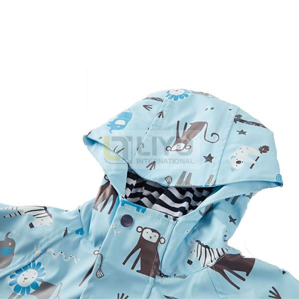 Blue Kids Raincoat PU Raincoat Outdoor Waterproof Rain Jacket Cartoon Animal Print Rainwear